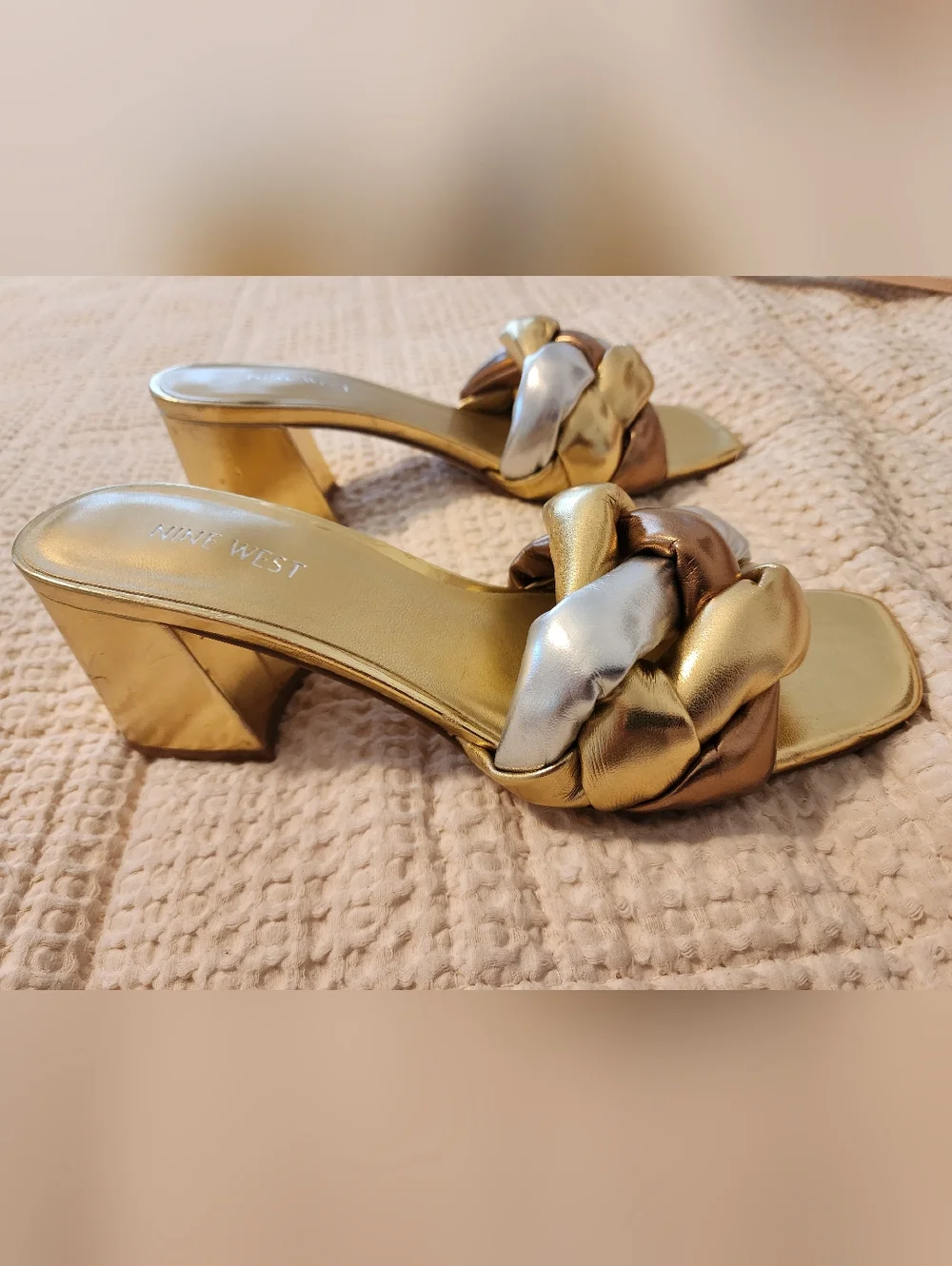 Nine West Sz 8.5 Metallic Gold, Silver & Bronze Braided Block Heel Sandal Slides